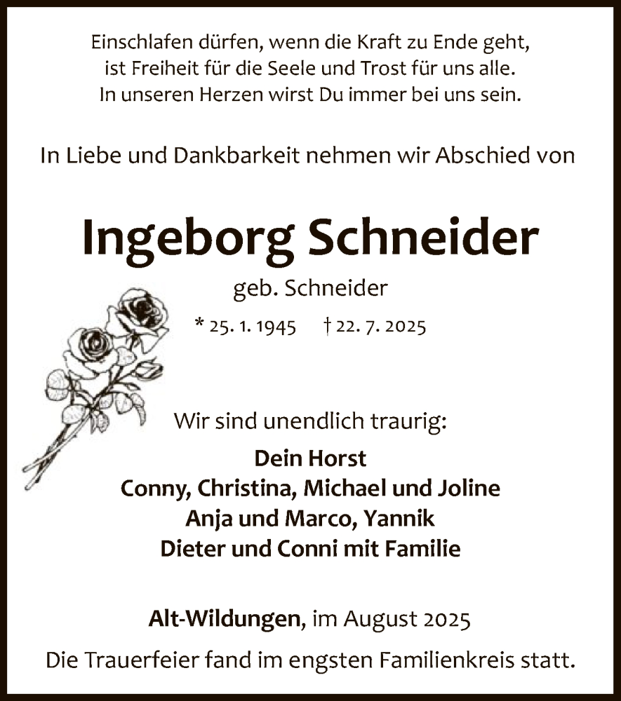  Traueranzeige für Ingeborg Schneider vom 09.08.2025 aus WLZ