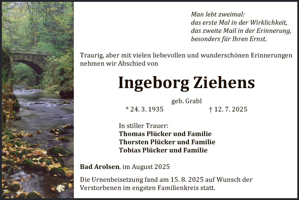  Traueranzeige für Ingeborg Ziehens vom 16.08.2025 aus WLZ