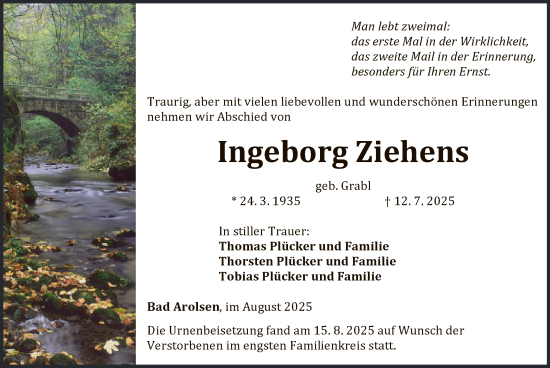 Traueranzeige von Ingeborg Ziehens von WLZ