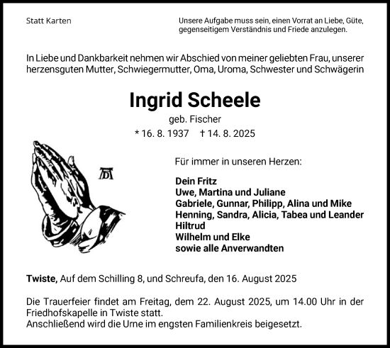 Traueranzeige von Ingrid Scheele von HNAWLZ