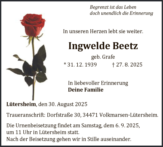 Traueranzeige von Ingwelde Beetz von WLZ