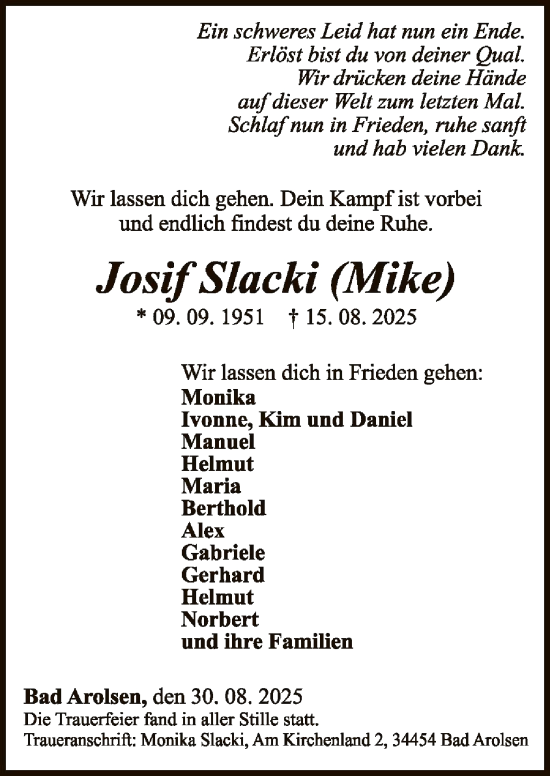 Traueranzeige von Josif Slacki von WLZ