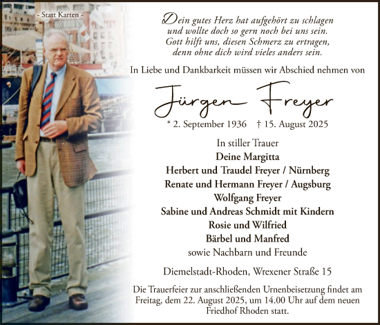 Traueranzeige von Jürgen Freyer von WLZ