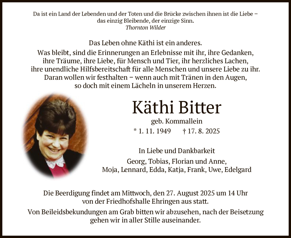  Traueranzeige für Käthi Bitter vom 23.08.2025 aus HNAWLZ