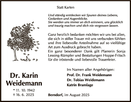Traueranzeige von Karin Weidemann von WLZ