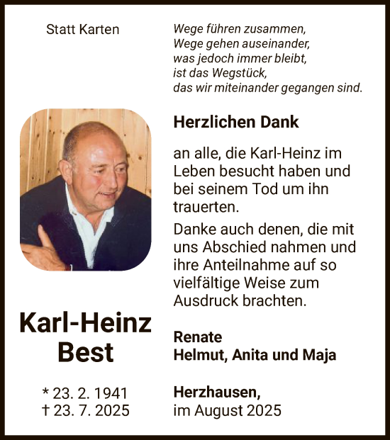 Traueranzeige von Karl-Heinz Best von WLZHNA