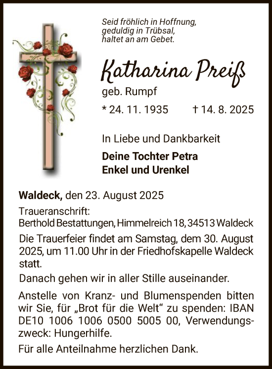 Traueranzeige von Katharina Preiß von WLZ