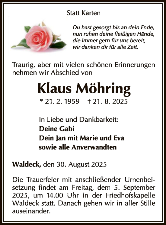 Traueranzeige von Klaus Möhring von WLZ