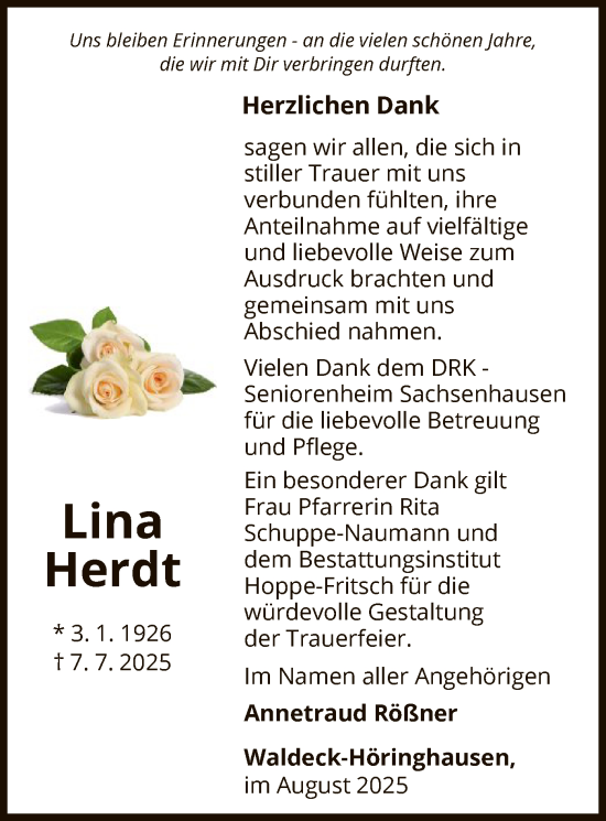 Traueranzeige von Lina Herdt von WLZ