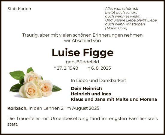 Traueranzeige von Luise Figge von WLZ