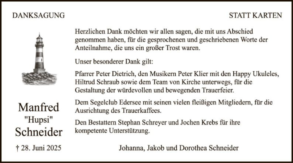  Traueranzeige für Manfred Schneider vom 05.08.2025 aus WLZ