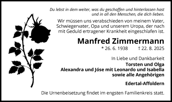 Traueranzeige von Manfred Zimmermann von WLZ
