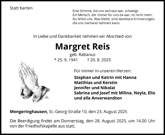 Traueranzeige von Margret Reis von WLZ