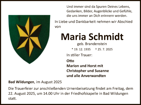 Traueranzeige von Maria Schmidt von WLZ