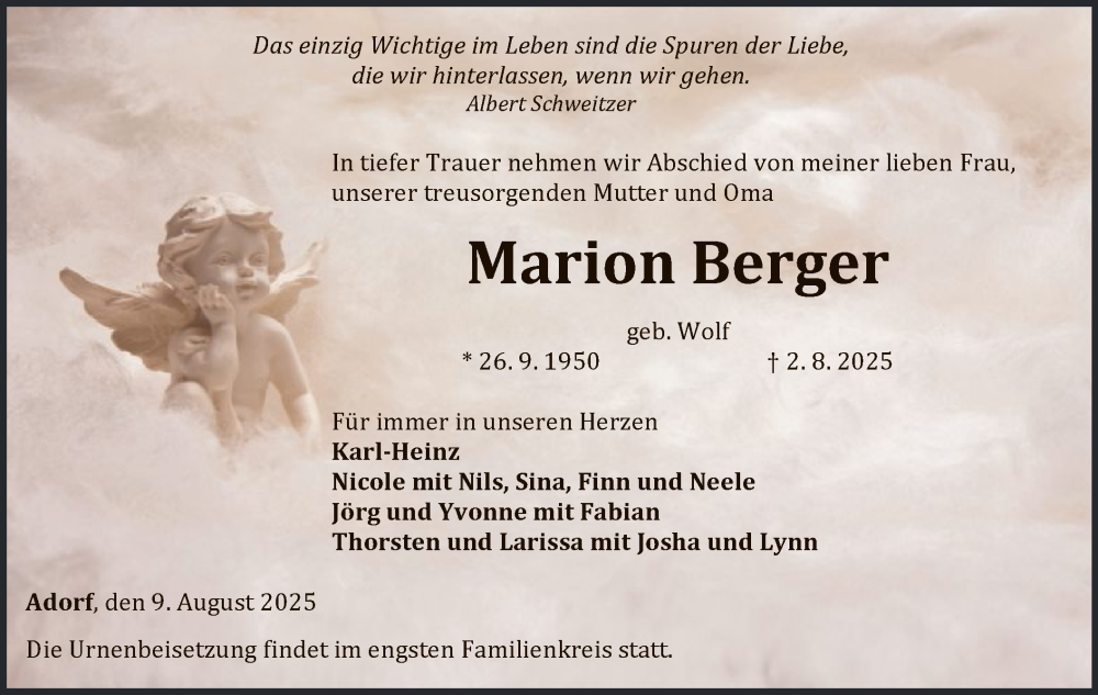  Traueranzeige für Marion Berger vom 09.08.2025 aus WLZ