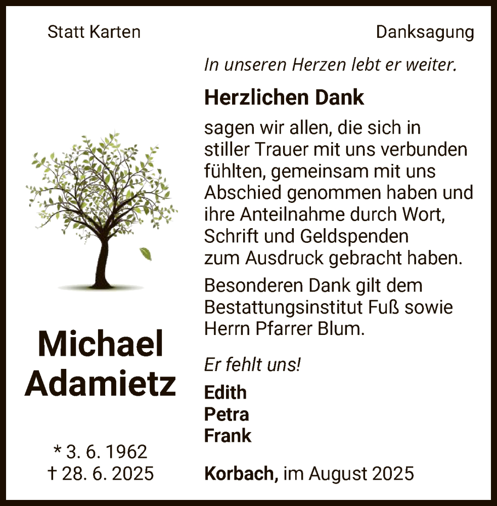  Traueranzeige für Michael Adamietz vom 16.08.2025 aus WLZ