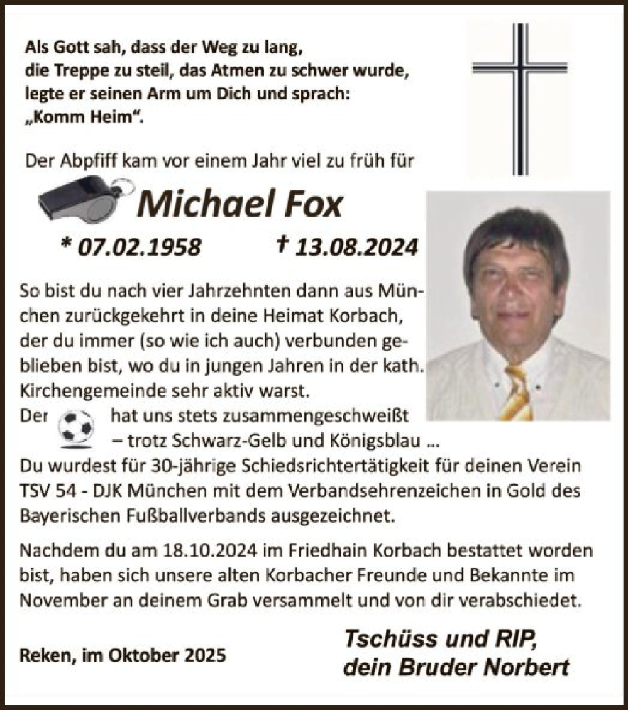  Traueranzeige für Michael Fox vom 15.08.2025 aus WLZ