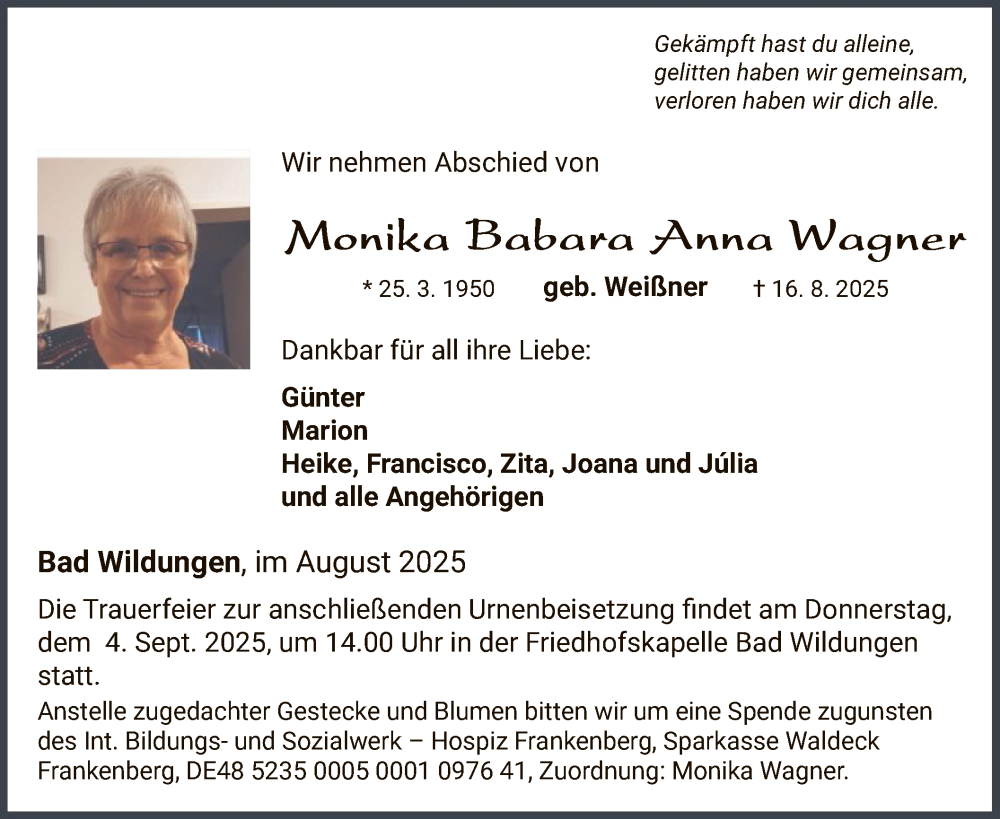  Traueranzeige für Monika Babara Anna Wagner vom 30.08.2025 aus WLZ