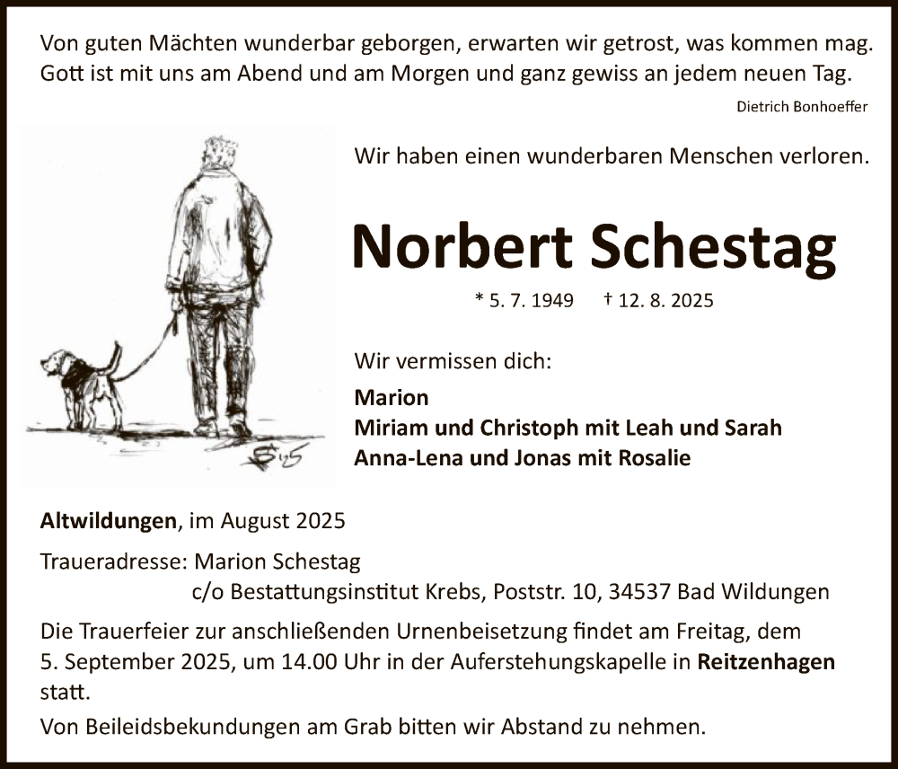  Traueranzeige für Norbert Schestag vom 30.08.2025 aus WLZ