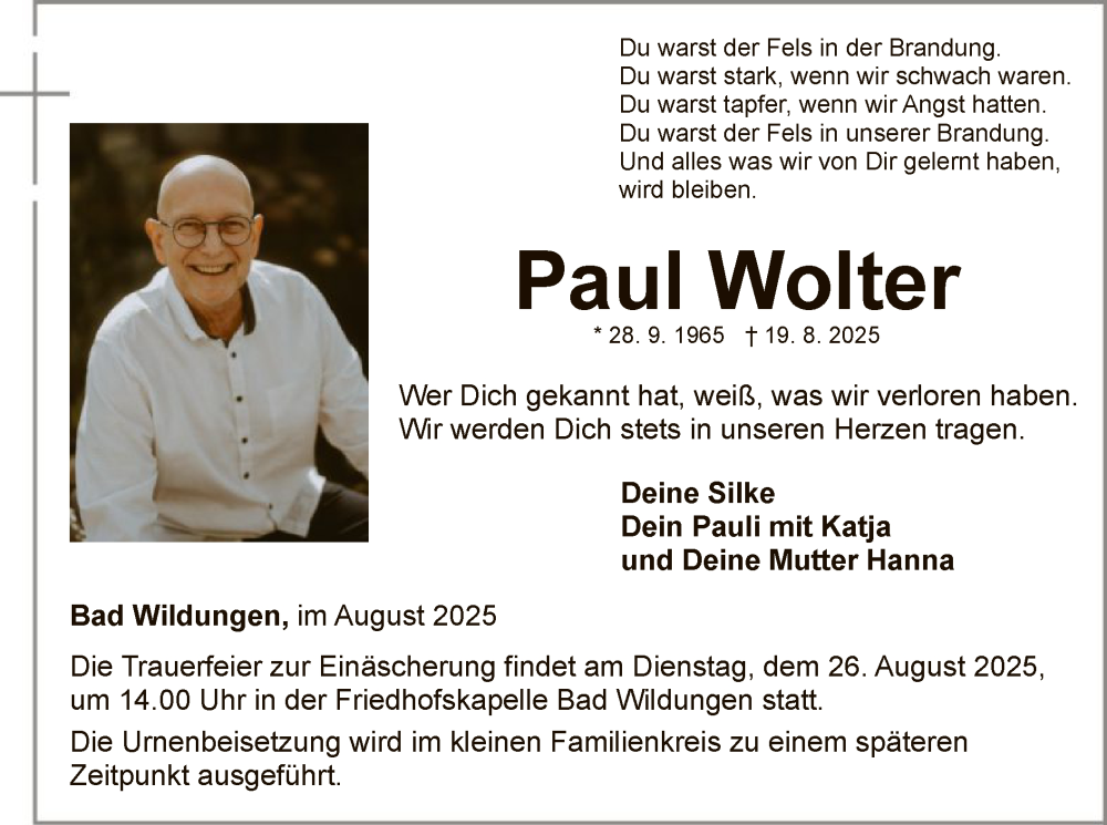  Traueranzeige für Paul Wolter vom 23.08.2025 aus WLZ