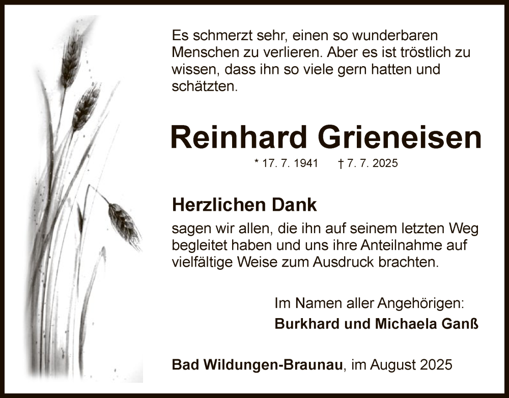  Traueranzeige für Reinhard Grieneisen vom 30.08.2025 aus WLZ