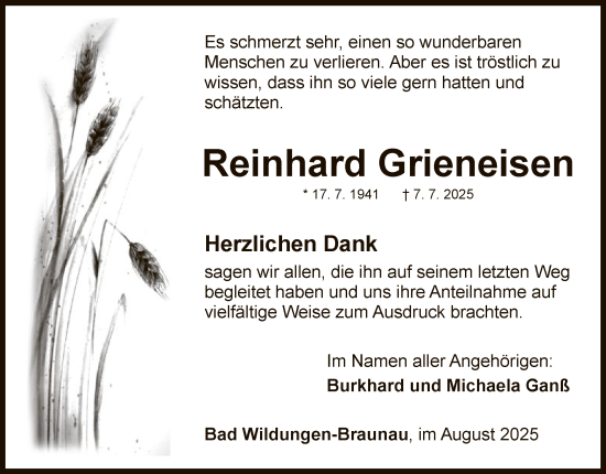 Traueranzeige von Reinhard Grieneisen von WLZ