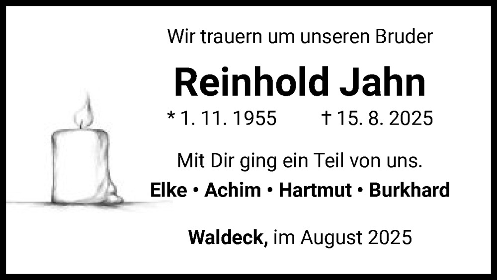  Traueranzeige für Reinhold Jahn vom 23.08.2025 aus WLZ