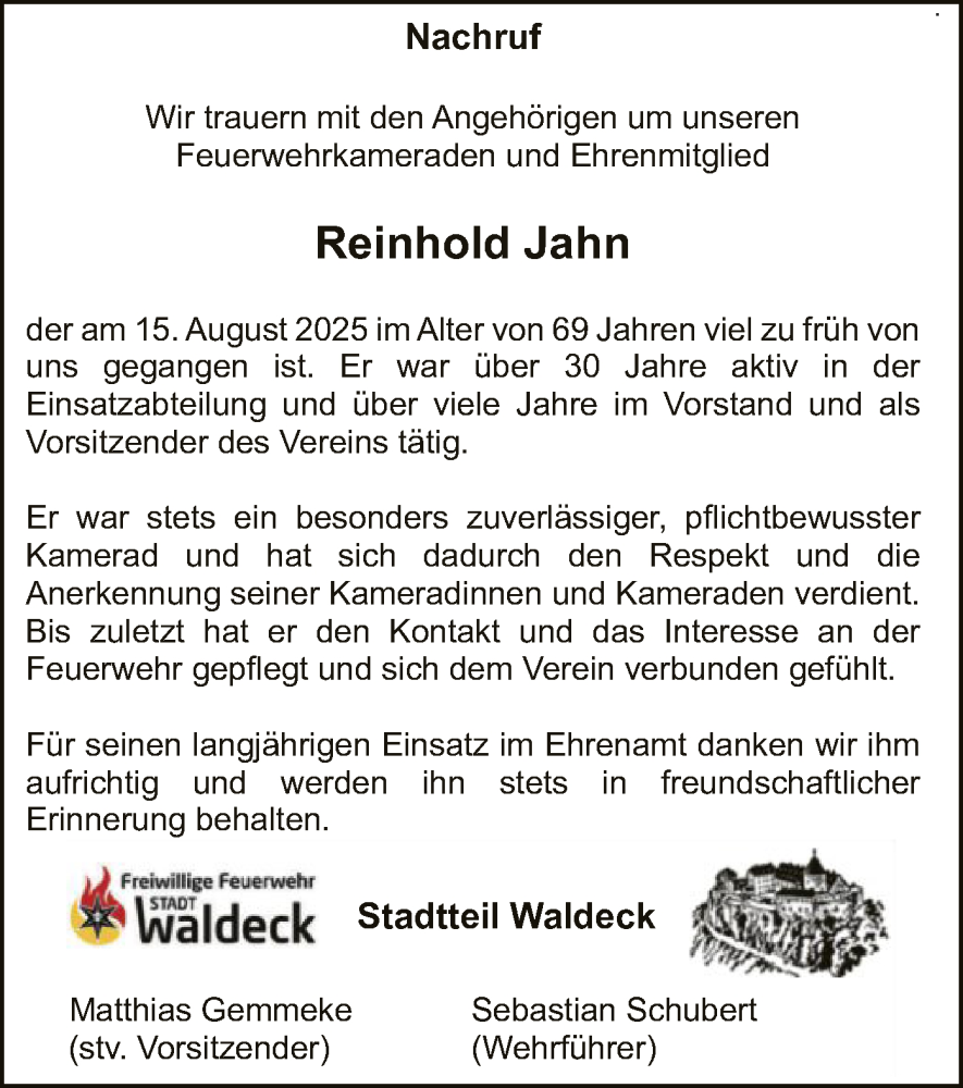  Traueranzeige für Reinhold Jahn vom 23.08.2025 aus WLZ