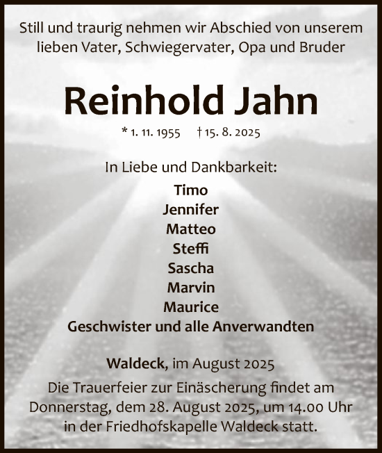 Traueranzeige von Reinhold Jahn von WLZ