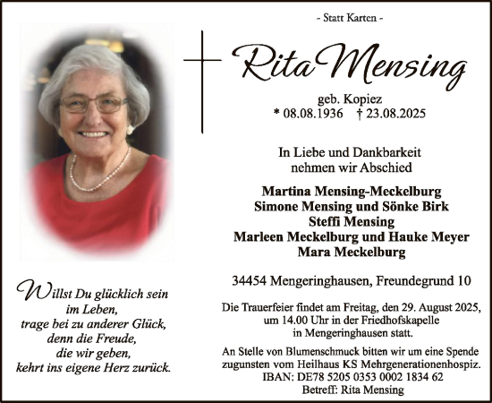 Traueranzeige von Rita Mensing von WLZ