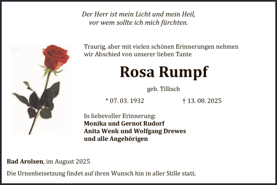 Traueranzeige von Rosa Rumpf von WLZ
