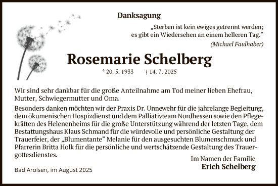 Traueranzeige von Rosemarie Schelberg von WLZ