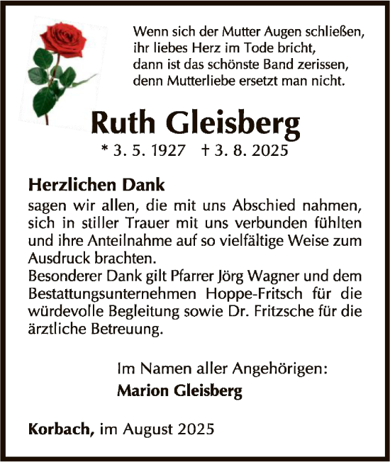Traueranzeige von Ruth Gleisberg von WLZ