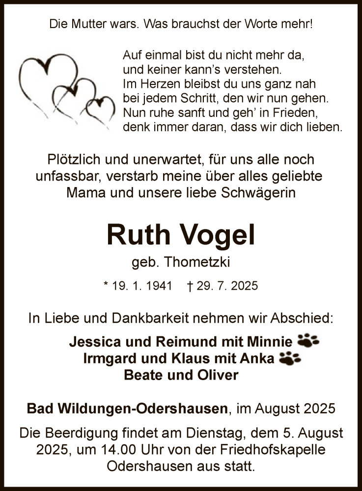  Traueranzeige für Ruth Vogel vom 02.08.2025 aus WLZ