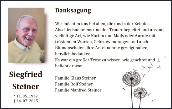 Traueranzeige von Siegfried Steiner von WLZ