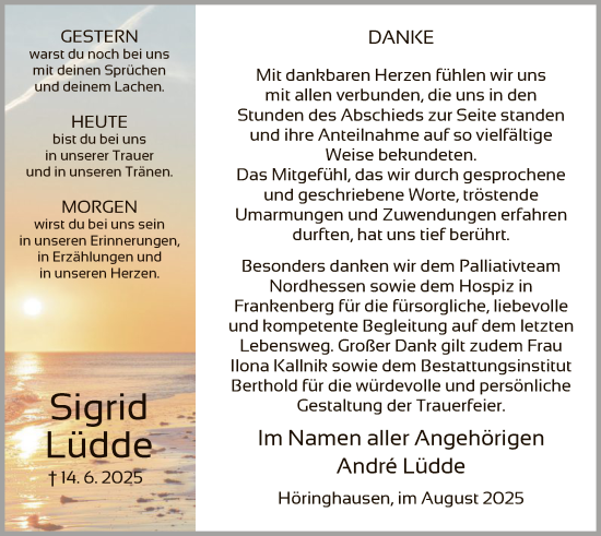 Traueranzeige von Sigrid Lüdde von WLZ