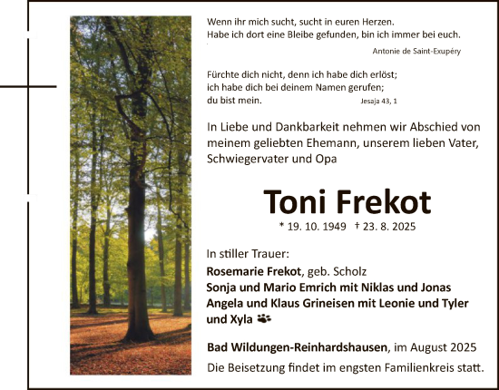 Traueranzeige von Toni Frekot von WLZ