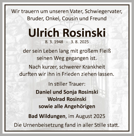 Traueranzeige von Ulrich Rosinski von WLZ