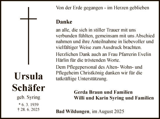 Traueranzeige von Ursula Schäfer von WLZ