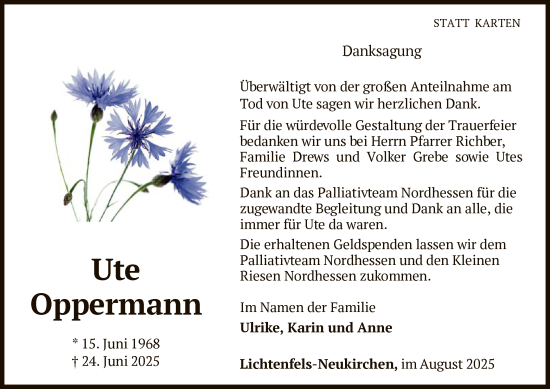Traueranzeige von Ute Oppermann von WLZHNA