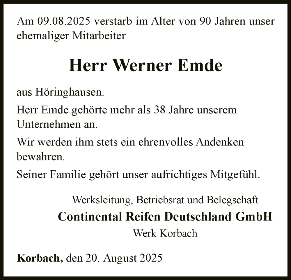  Traueranzeige für Werner Emde vom 20.08.2025 aus WLZ