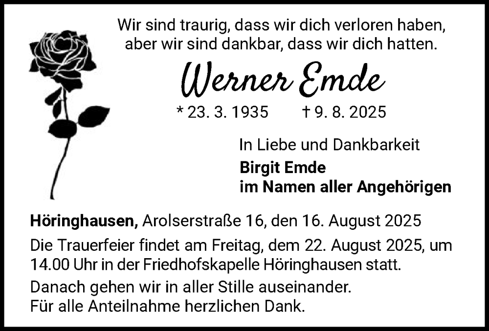  Traueranzeige für Werner Emde vom 16.08.2025 aus WLZ