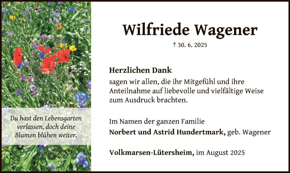  Traueranzeige für Wilfriede Wagener vom 09.08.2025 aus WLZ