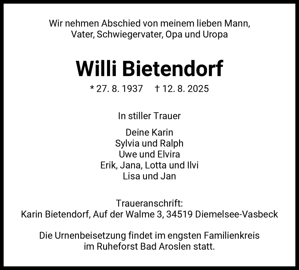  Traueranzeige für Willi Bietendorf vom 16.08.2025 aus WLZ