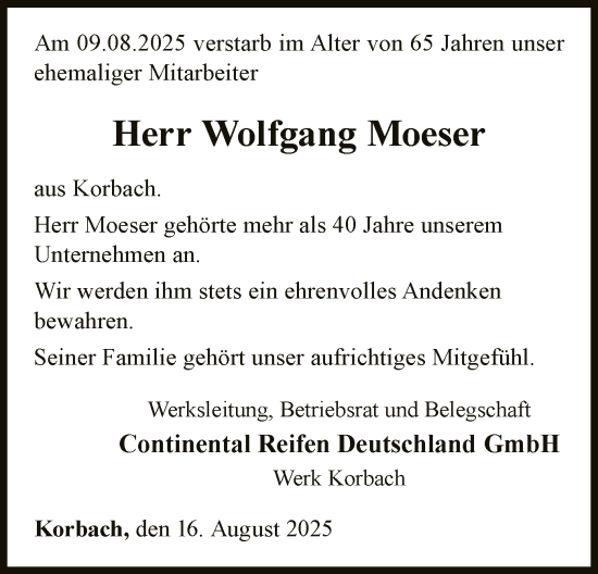 Traueranzeige von Wolfgang Moeser von WLZ