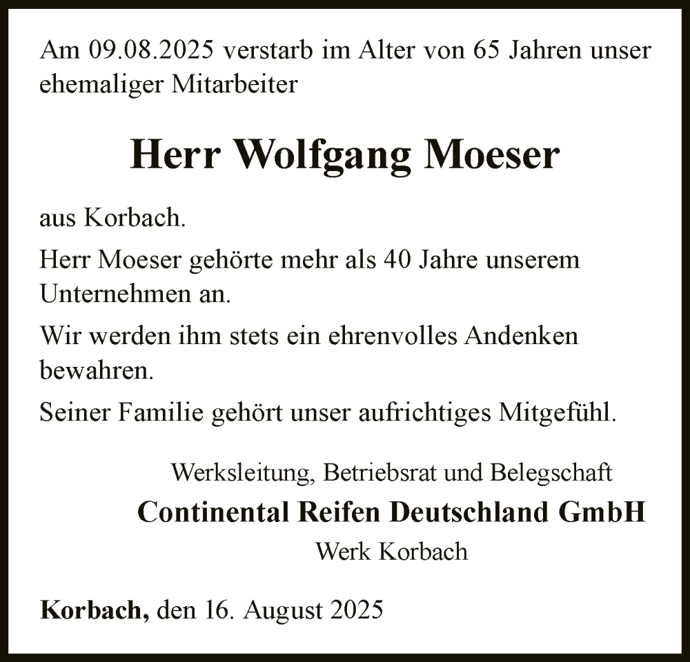  Traueranzeige für Wolfgang Moeser vom 16.08.2025 aus WLZ