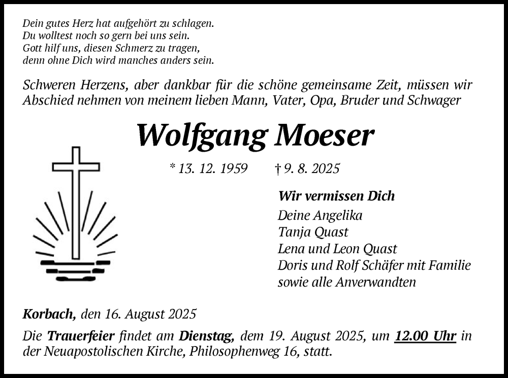  Traueranzeige für Wolfgang Moeser vom 16.08.2025 aus WLZ