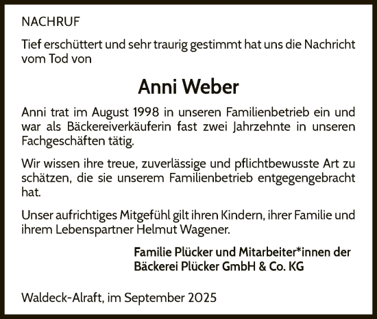 Traueranzeige von Anni Weber von WLZ