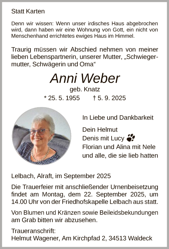 Traueranzeige von Anni Weber von WLZ