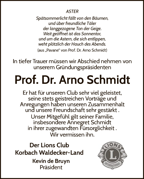Traueranzeige von Arno Schmidt von WLZ